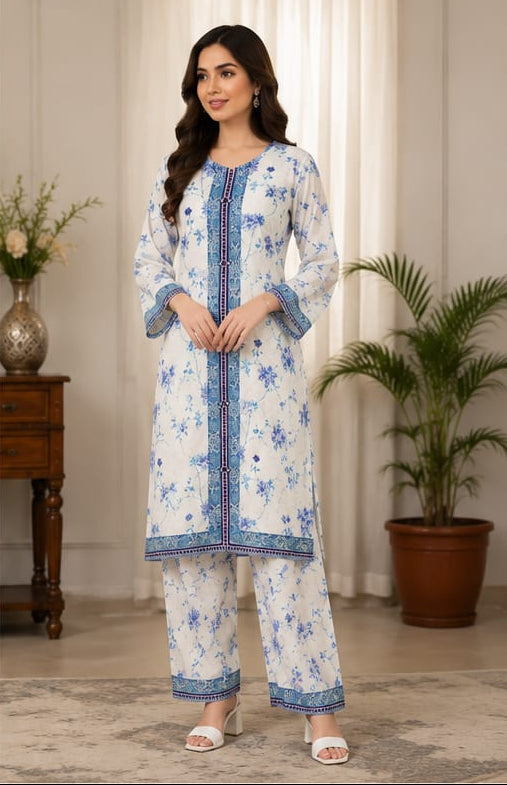Premium Lawn 2-Piece Stitched Suit (Blue Floral on White) – Printed Shirt & Trouser