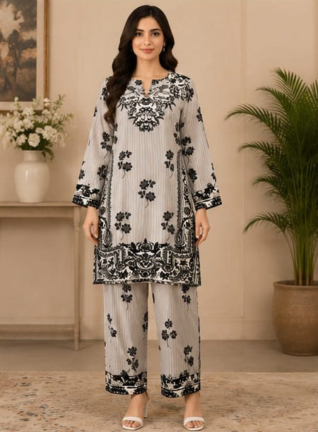 Premium Lawn 2-Piece Stitched Suit (Olive Green & Black Floral) – Printed Shirt & Trouser