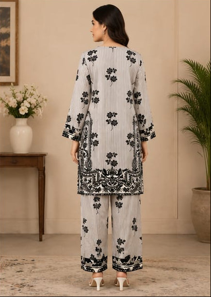 Premium Lawn 2-Piece Stitched Suit (Olive Green & Black Floral) – Printed Shirt & Trouser