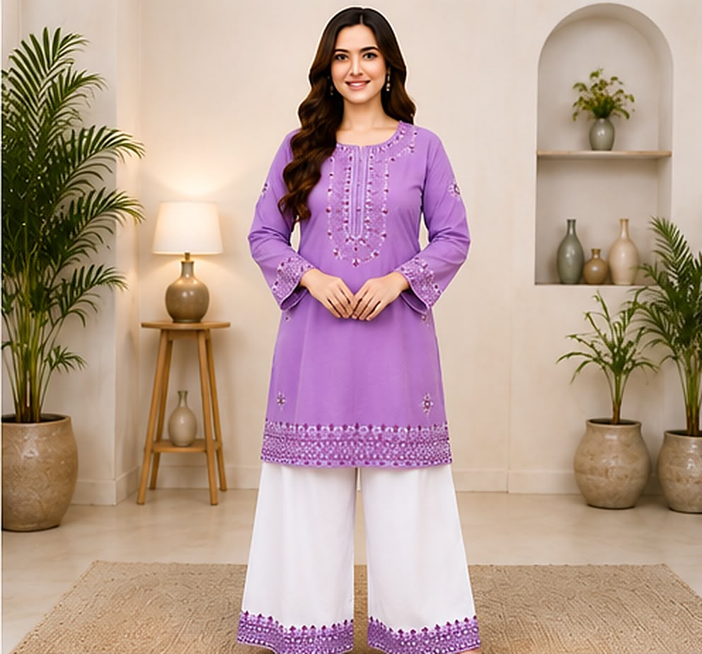 Light Purple Cotton Embroidered 2-Piece Stitched Suit – Kurta & White Farshi Salwar