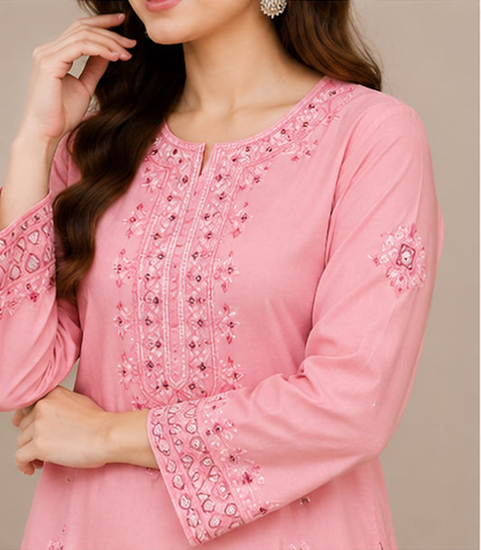 Soft Pink Embroidered Cotton Suit with White Wide-Leg Salwar