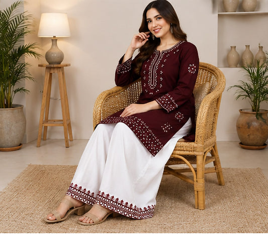 Deep Maroon Embroidered Cotton Suit with White Wide-Leg Pants