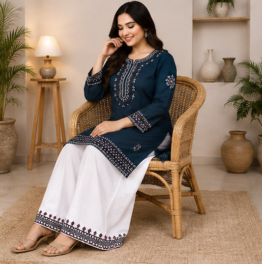 Teal Blue Embroidered 2-Piece Stitched Suit – Kurta & Farshi Salwar