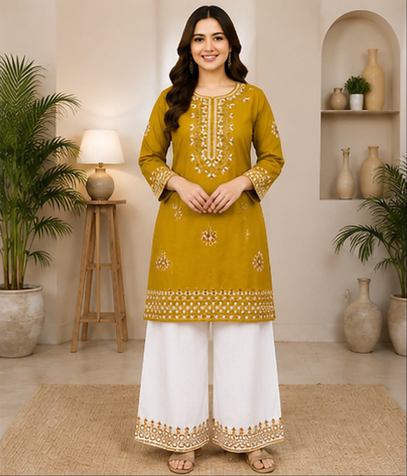 Mustard Cotton Embroidered 2-Piece Stitched Suit – Kurta & Farshi Salwar