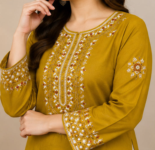 Mustard Cotton Embroidered 2-Piece Stitched Suit – Kurta & Farshi Salwar