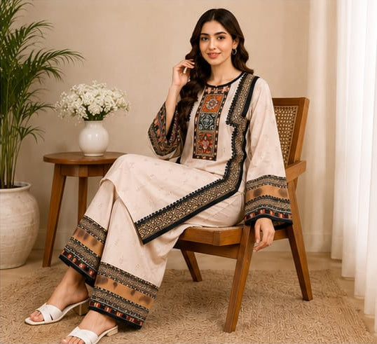 Elegantly Embroidered 2-Piece Linen Suit – Off-White & Black