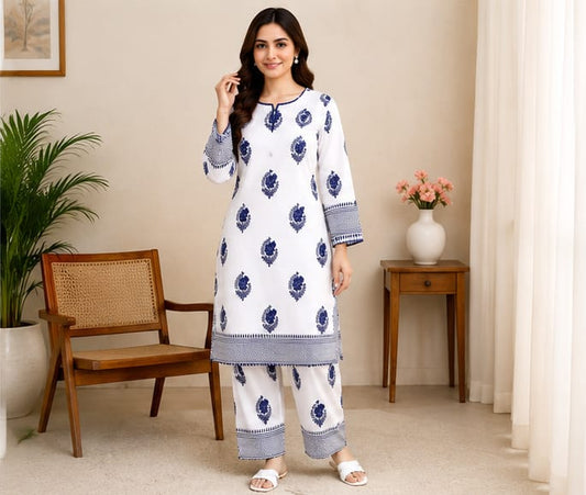 Printed & Embroidered 2-Piece Lawn Suit – White & Royal Blue