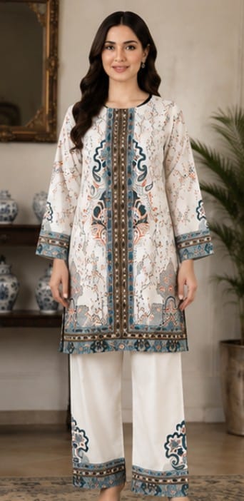 Premium Lawn 2-Piece Stitched Suit (White & Black Floral) – Printed Shirt & Trouser