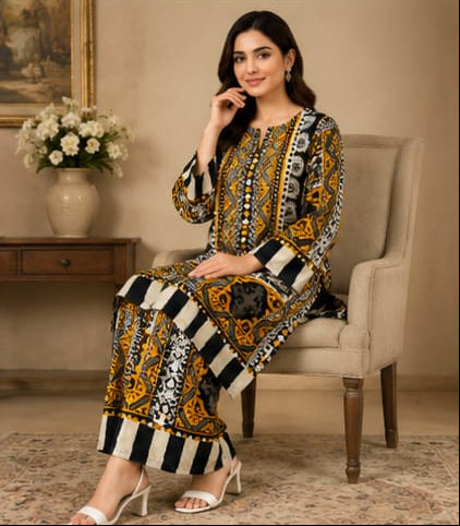 Premium Lawn 2-Piece Stitched Suit (Mustard Yellow & Black) – Printed Shirt & Trouser