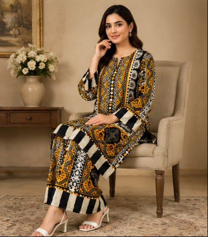 Premium Lawn 2-Piece Stitched Suit (Mustard Yellow & Black) – Printed Shirt & Trouser