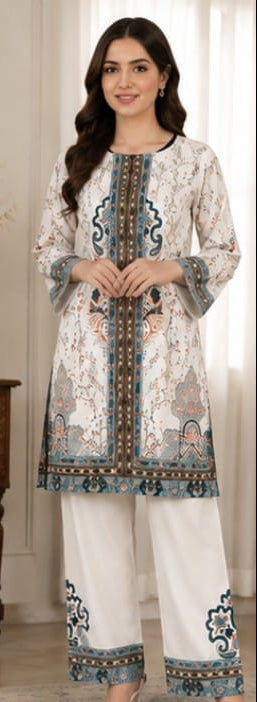 Premium Lawn 2-Piece Stitched Suit (White & Black Floral) – Printed Shirt & Trouser