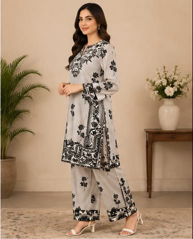 Premium Lawn 2-Piece Stitched Suit (Olive Green & Black Floral) – Printed Shirt & Trouser