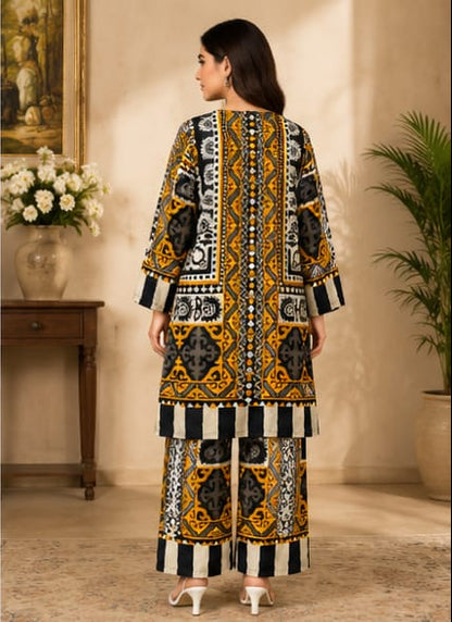 Premium Lawn 2-Piece Stitched Suit (Mustard Yellow & Black) – Printed Shirt & Trouser