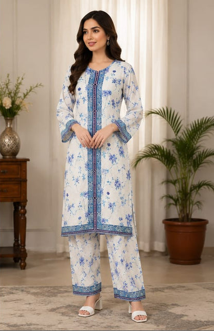 Premium Lawn 2-Piece Stitched Suit (Blue Floral on White) – Printed Shirt & Trouser