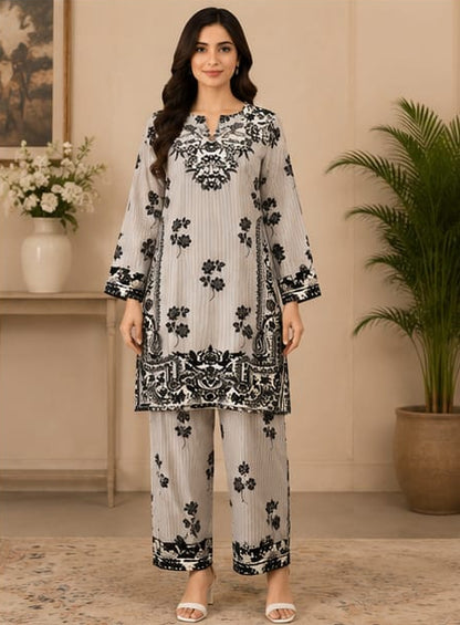Premium Lawn 2-Piece Stitched Suit (Olive Green & Black Floral) – Printed Shirt & Trouser