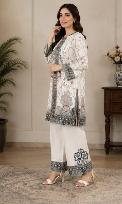 Premium Lawn 2-Piece Stitched Suit (White & Black Floral) – Printed Shirt & Trouser