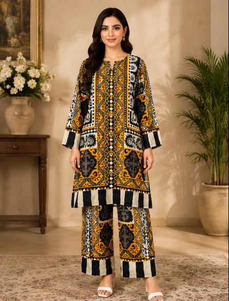 Premium Lawn 2-Piece Stitched Suit (Mustard Yellow & Black) – Printed Shirt & Trouser