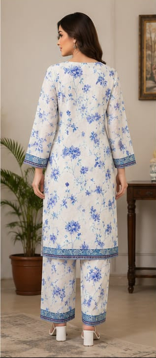 Premium Lawn 2-Piece Stitched Suit (Blue Floral on White) – Printed Shirt & Trouser
