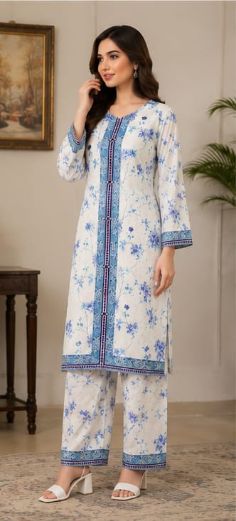 Premium Lawn 2-Piece Stitched Suit (Blue Floral on White) – Printed Shirt & Trouser
