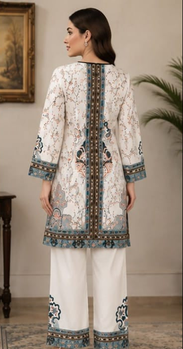 Premium Lawn 2-Piece Stitched Suit (White & Black Floral) – Printed Shirt & Trouser