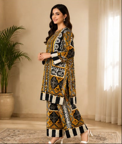 Premium Lawn 2-Piece Stitched Suit (Mustard Yellow & Black) – Printed Shirt & Trouser