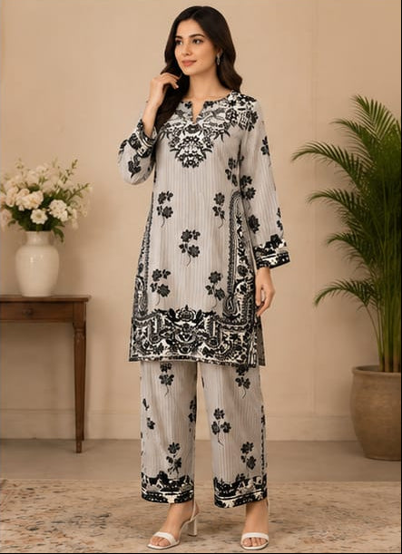 Premium Lawn 2-Piece Stitched Suit (Olive Green & Black Floral) – Printed Shirt & Trouser