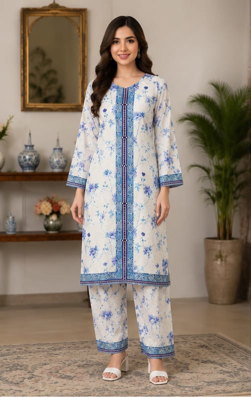 Premium Lawn 2-Piece Stitched Suit (Blue Floral on White) – Printed Shirt & Trouser