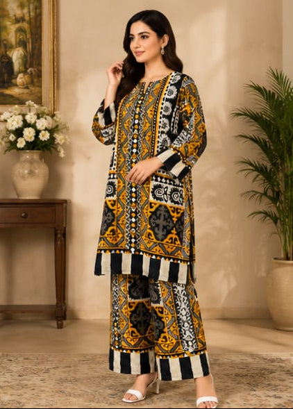 Premium Lawn 2-Piece Stitched Suit (Mustard Yellow & Black) – Printed Shirt & Trouser