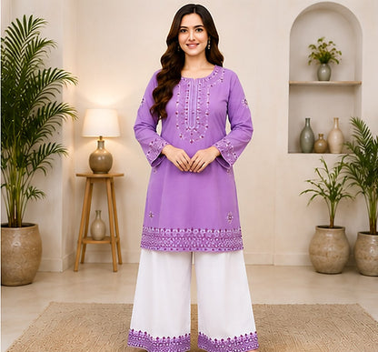 Light Purple Cotton Embroidered 2-Piece Stitched Suit – Kurta & White Farshi Salwar