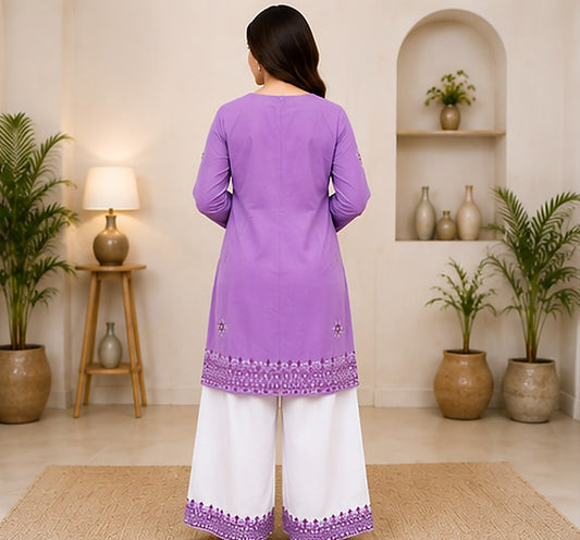 Light Purple Cotton Embroidered 2-Piece Stitched Suit – Kurta & White Farshi Salwar
