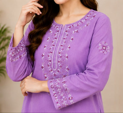 Light Purple Cotton Embroidered 2-Piece Stitched Suit – Kurta & White Farshi Salwar