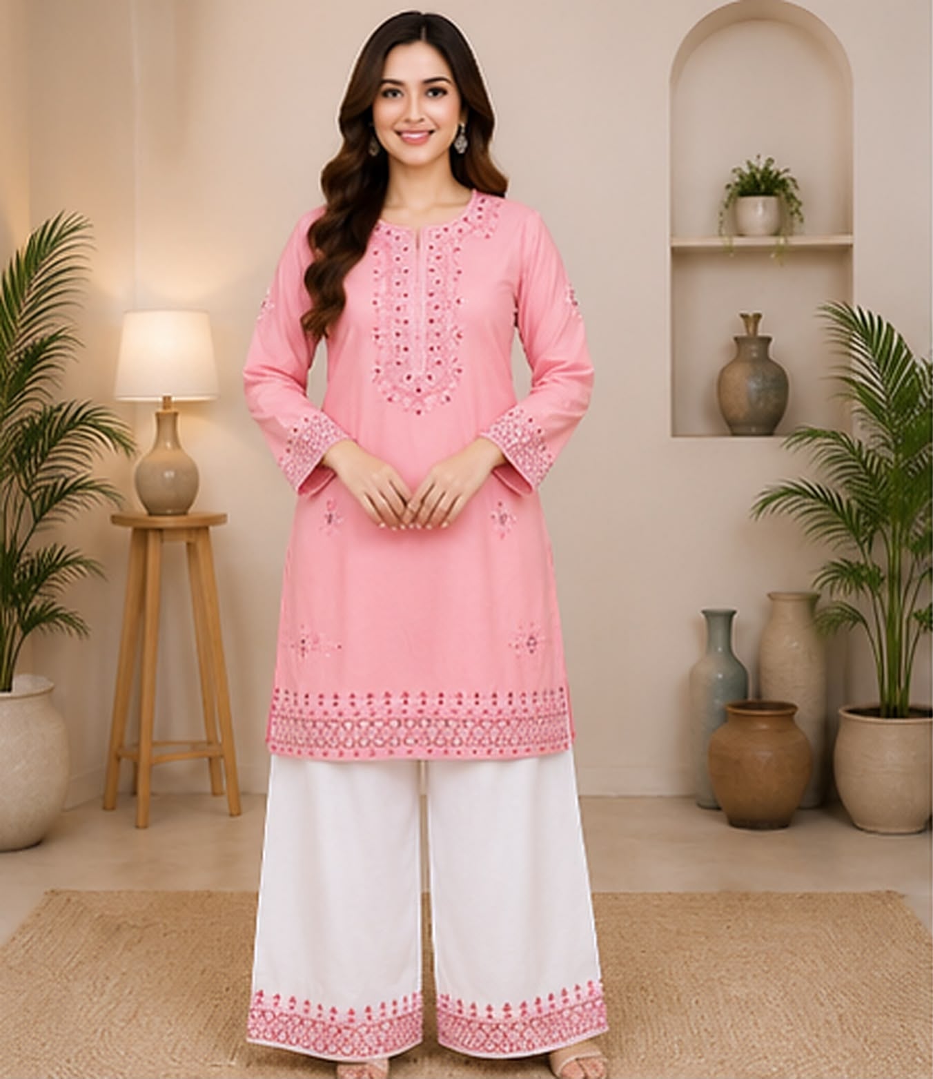 Soft Pink Embroidered Cotton Suit with White Wide-Leg Salwar