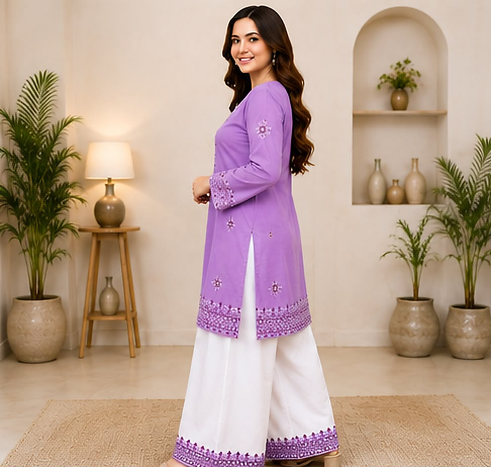 Light Purple Cotton Embroidered 2-Piece Stitched Suit – Kurta & White Farshi Salwar