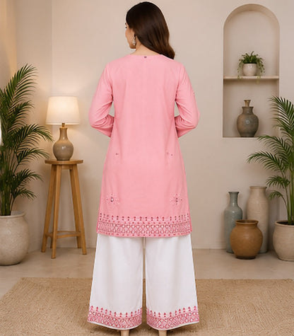 Soft Pink Embroidered Cotton Suit with White Wide-Leg Salwar