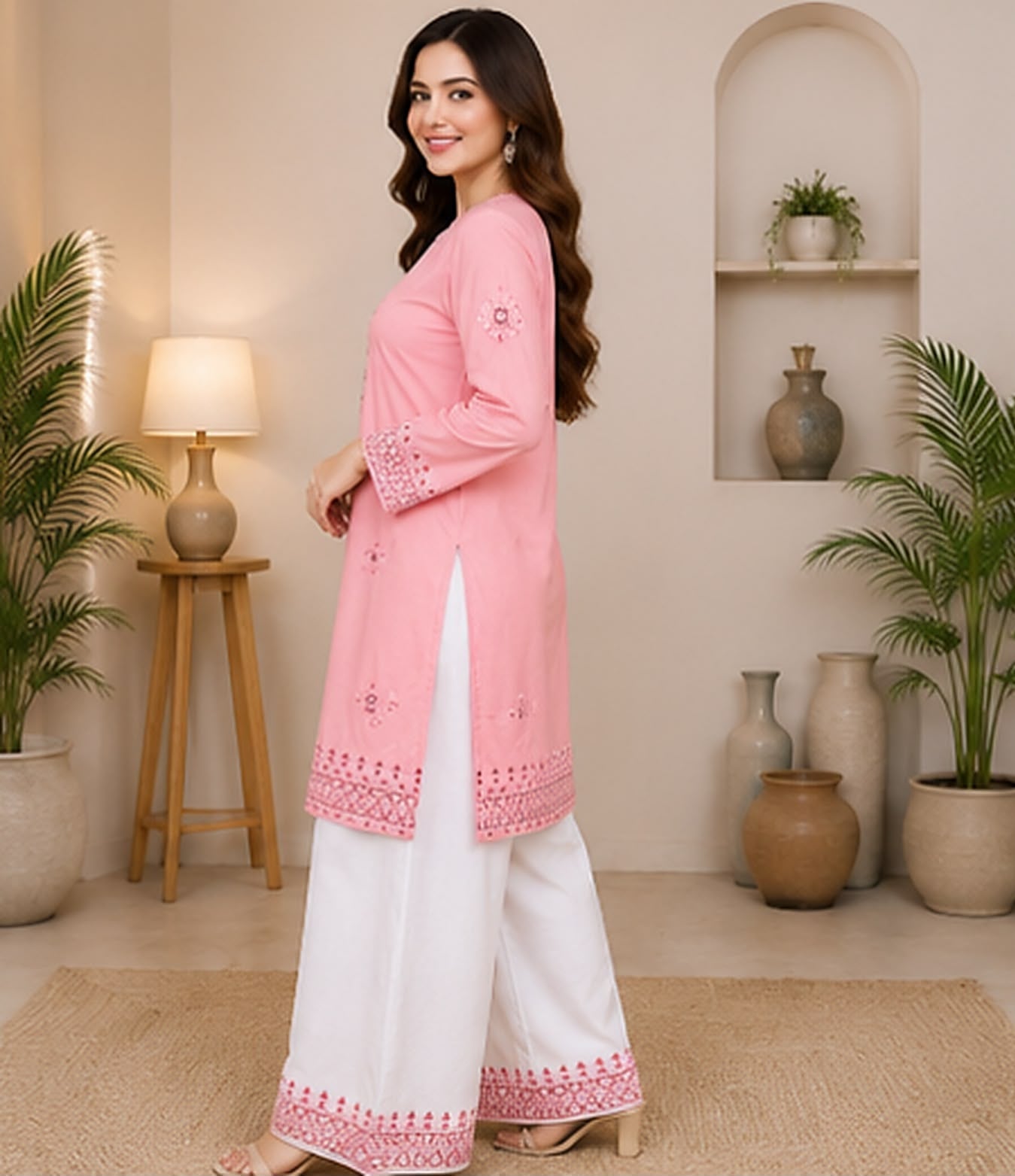 Soft Pink Embroidered Cotton Suit with White Wide-Leg Salwar