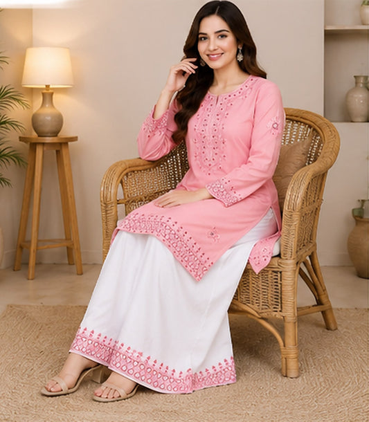 Soft Pink Embroidered Cotton Suit with White Wide-Leg Salwar