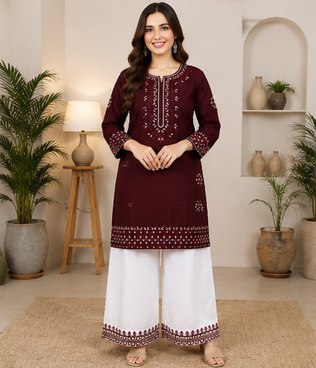 Deep Maroon Embroidered Cotton Suit with White Wide-Leg Pants