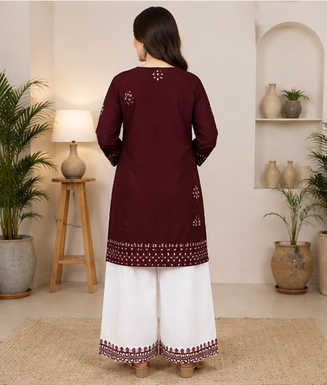 Deep Maroon Embroidered Cotton Suit with White Wide-Leg Pants