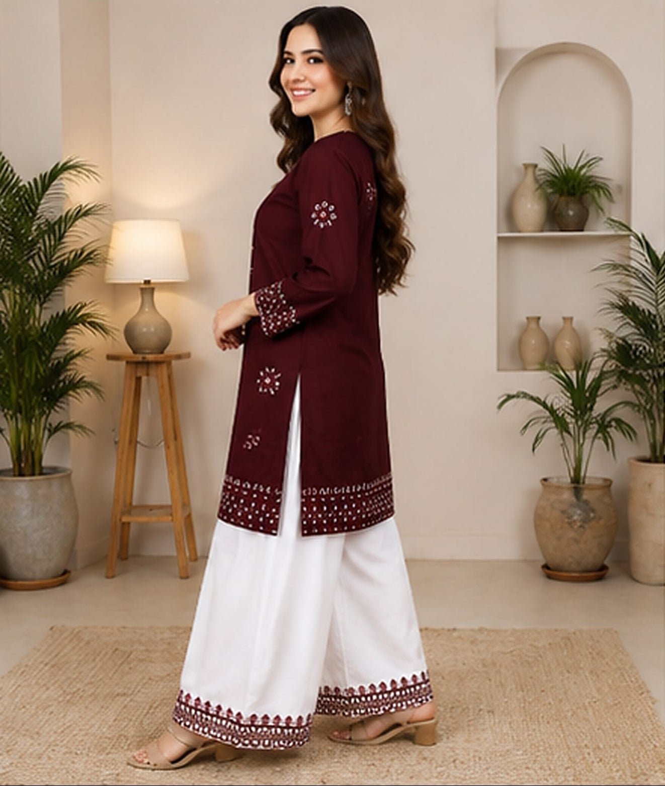 Deep Maroon Embroidered Cotton Suit with White Wide-Leg Pants