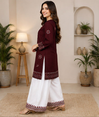 Deep Maroon Embroidered Cotton Suit with White Wide-Leg Pants
