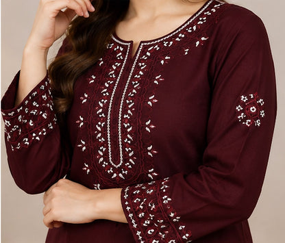 Deep Maroon Embroidered Cotton Suit with White Wide-Leg Pants