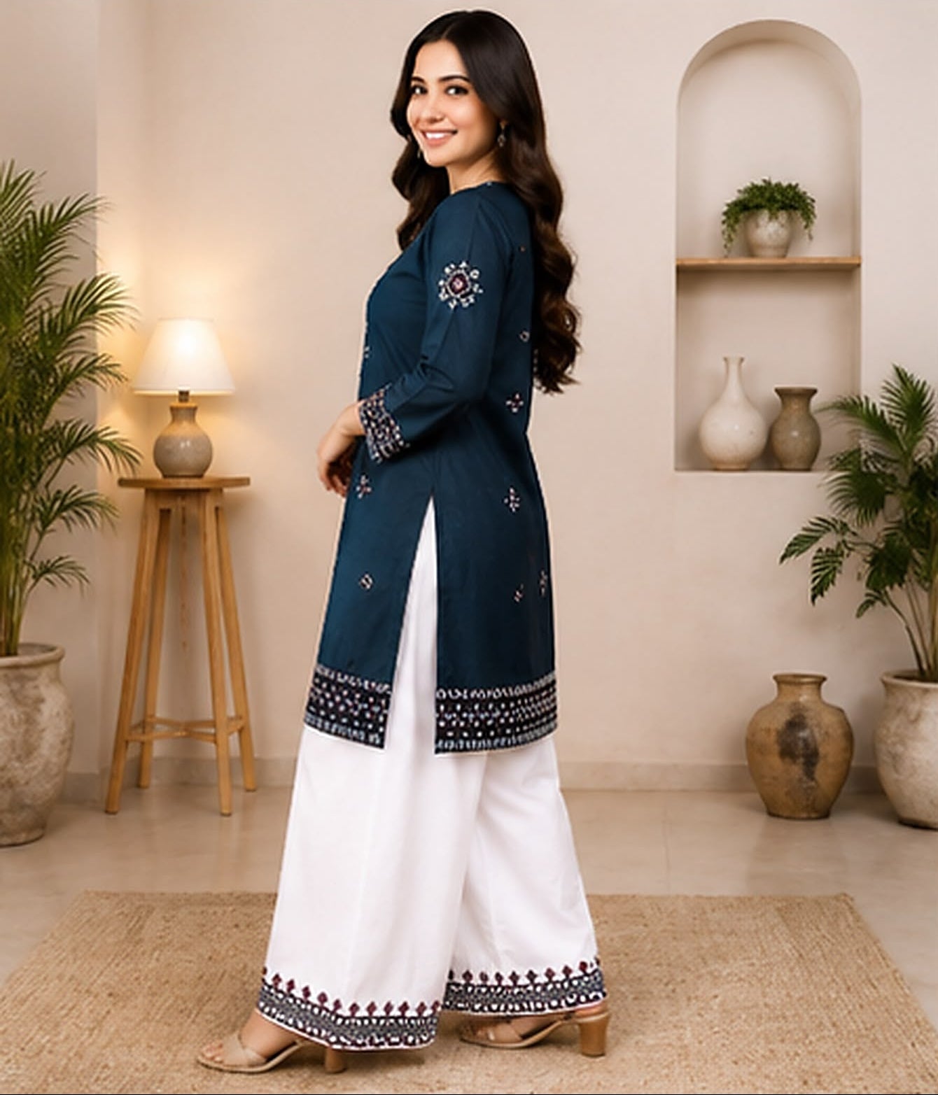 Teal Blue Embroidered 2-Piece Stitched Suit – Kurta & Farshi Salwar
