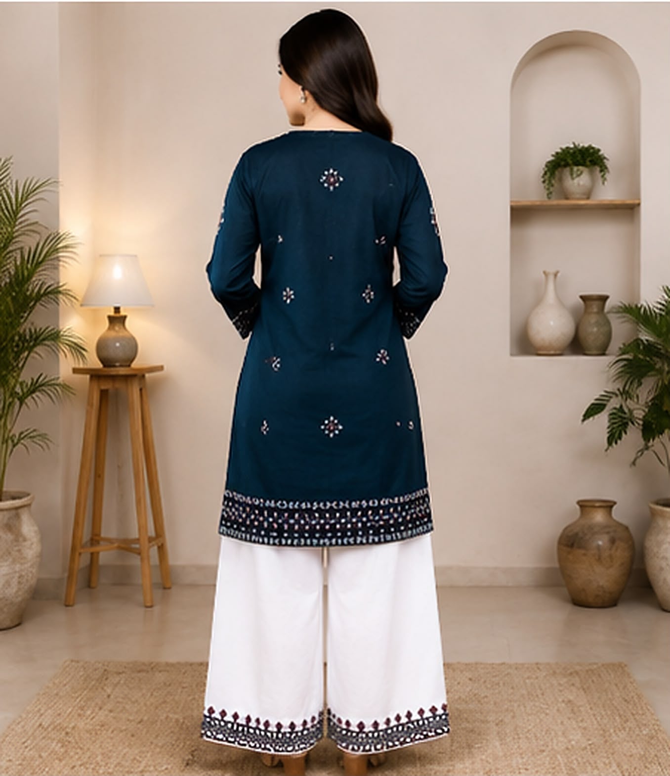Teal Blue Embroidered 2-Piece Stitched Suit – Kurta & Farshi Salwar
