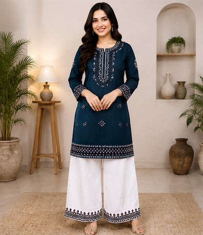 Teal Blue Embroidered 2-Piece Stitched Suit – Kurta & Farshi Salwar