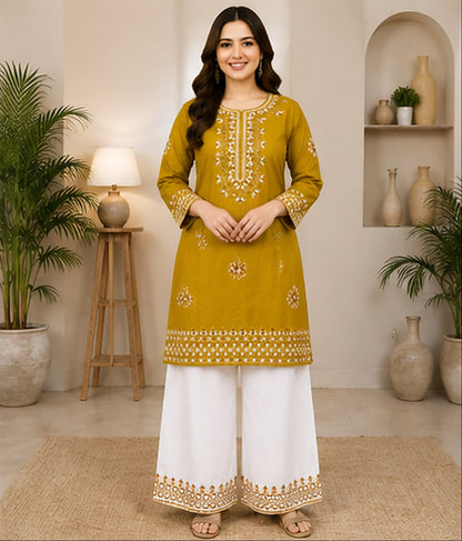 Mustard Cotton Embroidered 2-Piece Stitched Suit – Kurta & Farshi Salwar
