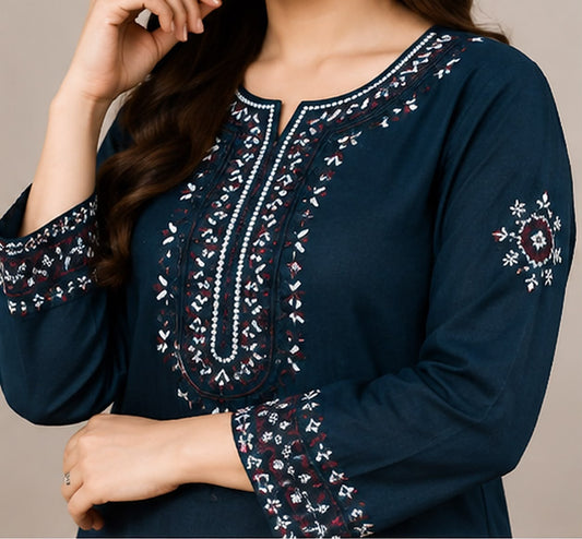 Teal Blue Embroidered 2-Piece Stitched Suit – Kurta & Farshi Salwar
