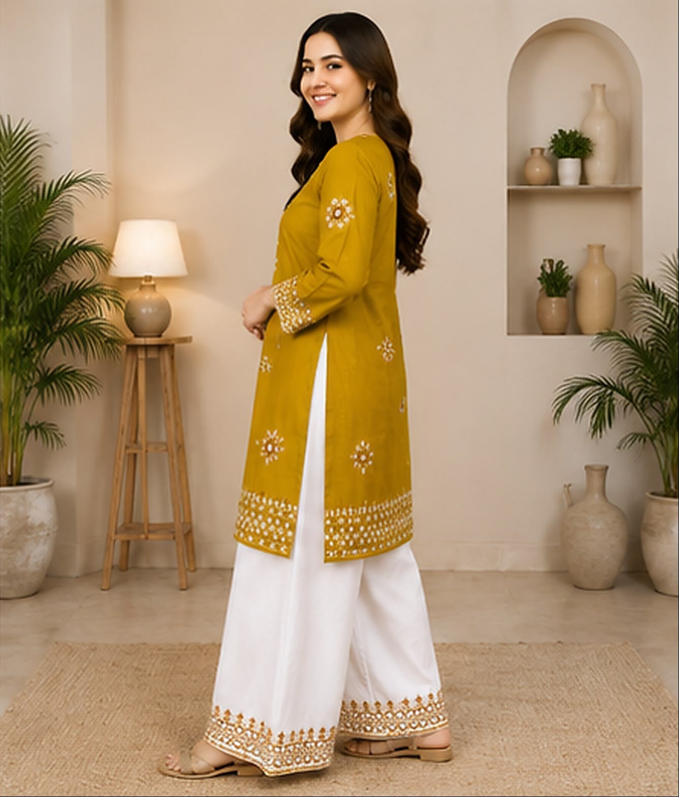 Mustard Cotton Embroidered 2-Piece Stitched Suit – Kurta & Farshi Salwar