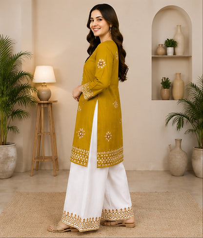 Mustard Cotton Embroidered 2-Piece Stitched Suit – Kurta & Farshi Salwar