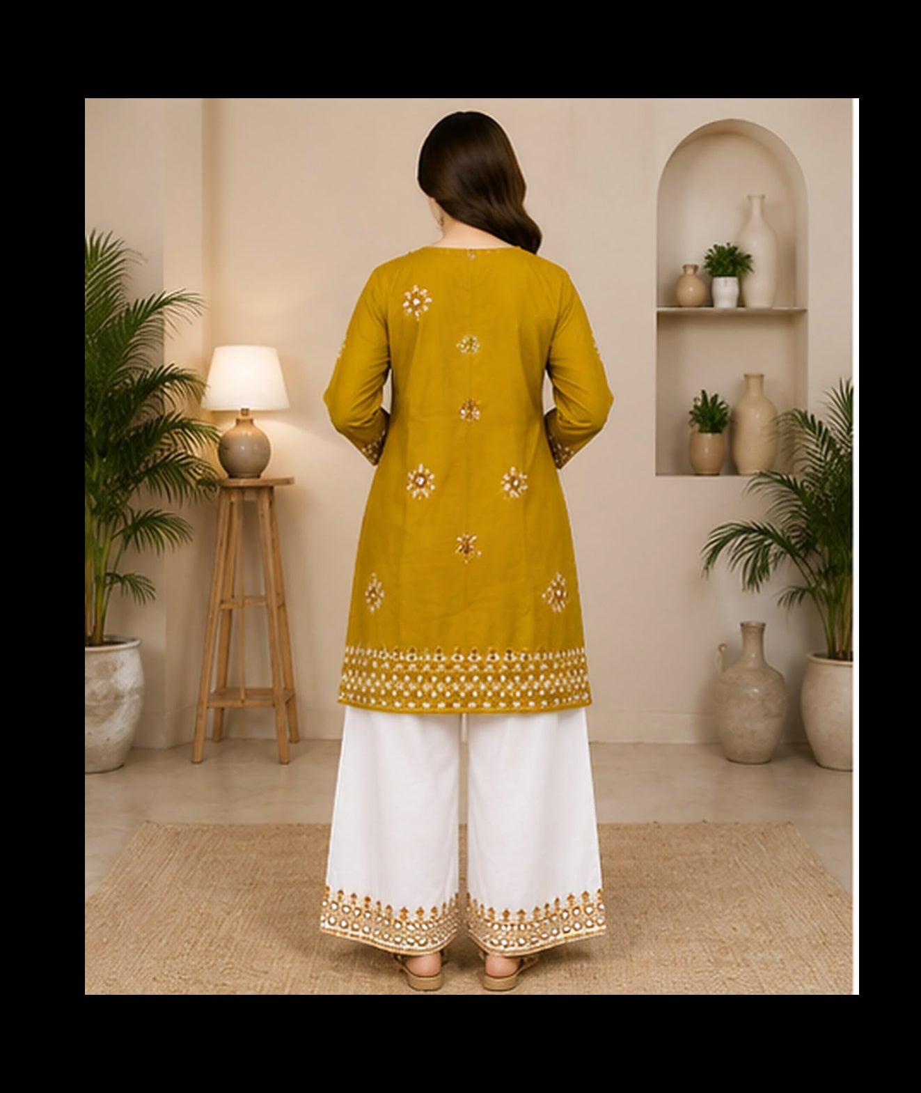 Mustard Cotton Embroidered 2-Piece Stitched Suit – Kurta & Farshi Salwar