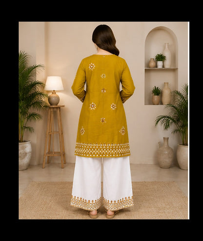 Mustard Cotton Embroidered 2-Piece Stitched Suit – Kurta & Farshi Salwar